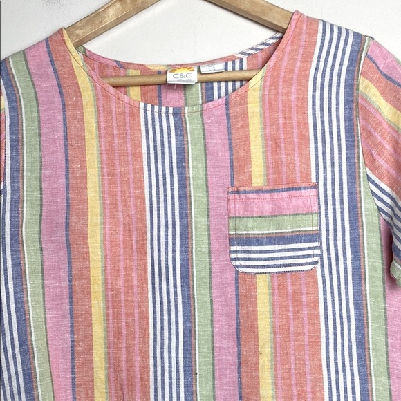 C&C California Rainbow Stripe Linen Blouse Colorful Short Sleeve Top Size M - Picture 2 of 8